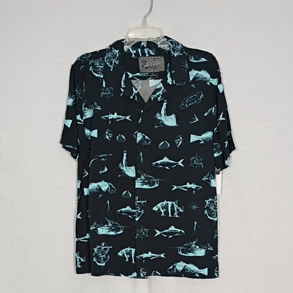 NWT Brooklyn Cloth Black Nautical Sketch Rayon Camp Collar Shirt Mens Size Small
